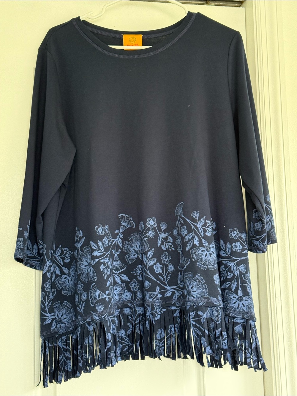 Ruby Rd. Navy Blue Floral Fringe Hem Tunic